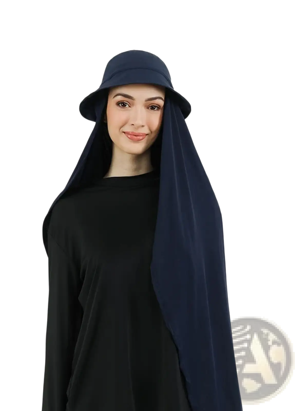 Navy blue velvet bucket hat with attached chiffon veil designed as an instant hijab bucket hat