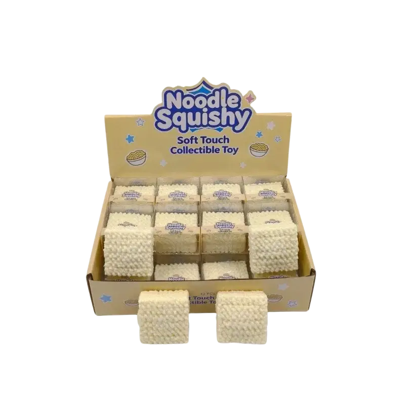 Cream-colored textured noodle-shaped squishy toy stress relief building block displayed in a box