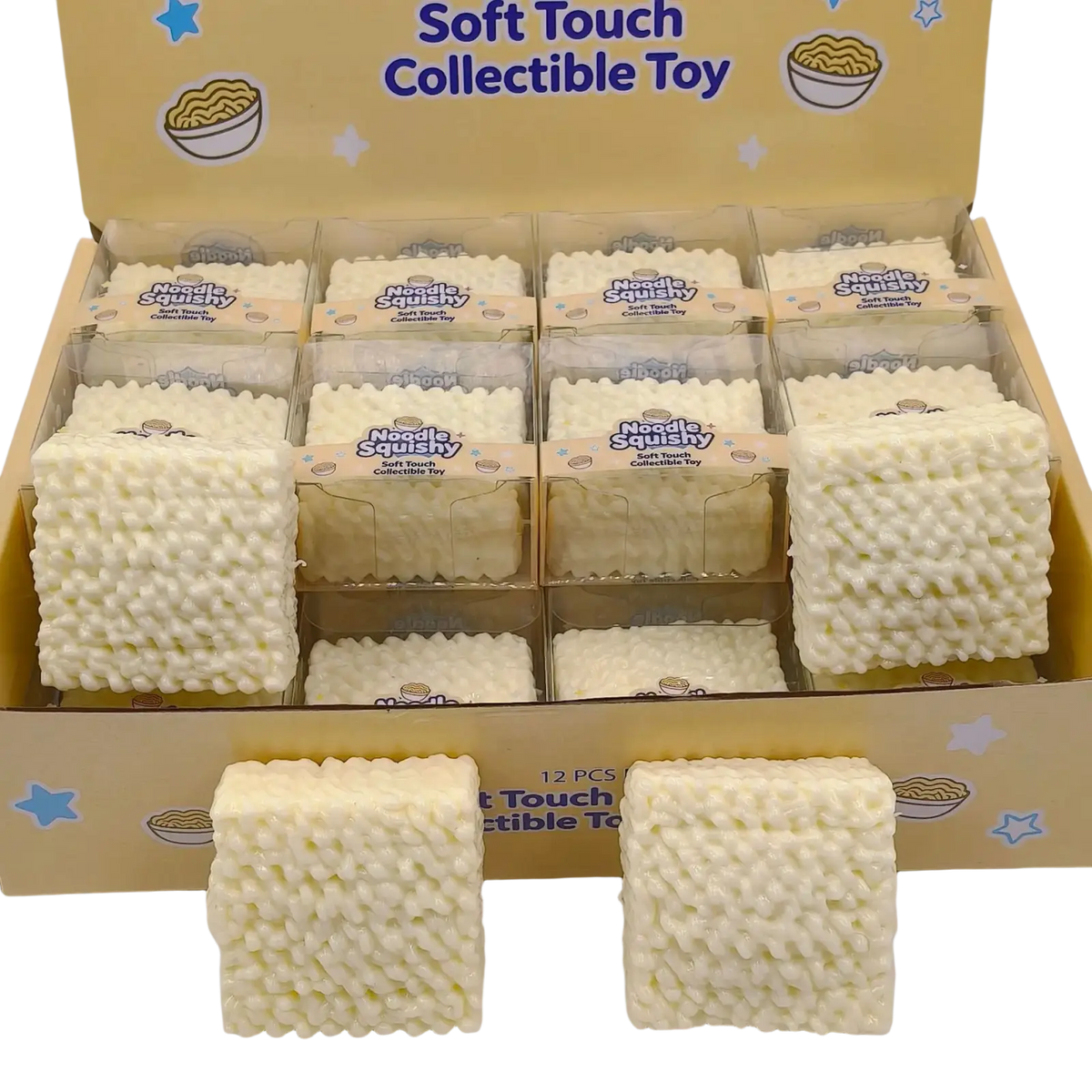 Cream-colored cube-shaped instant noodle squishy toy with soft-touch textured surface for stress relief and collecting