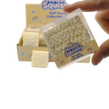 Instant noodle squishy toy stress relief building block in white noodle shape packaged in clear plastic with yellow label