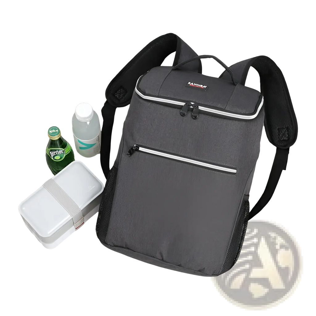 Gray insulated cooler backpack with black straps white zipper accents made of waterproof oxford fabric for picnics