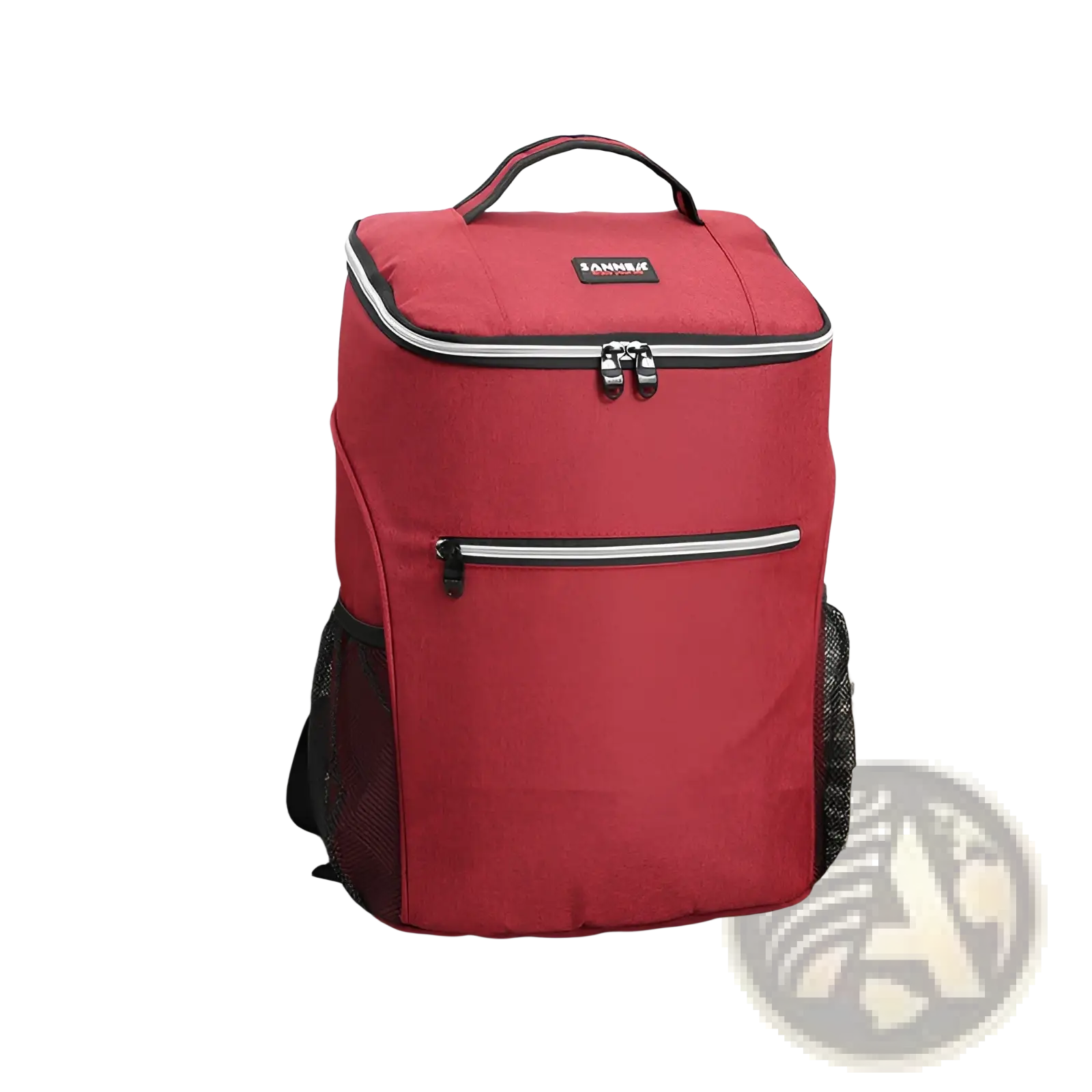 Red insulated cooler backpack with black trim and silver zippers made of waterproof oxford fabric for picnics