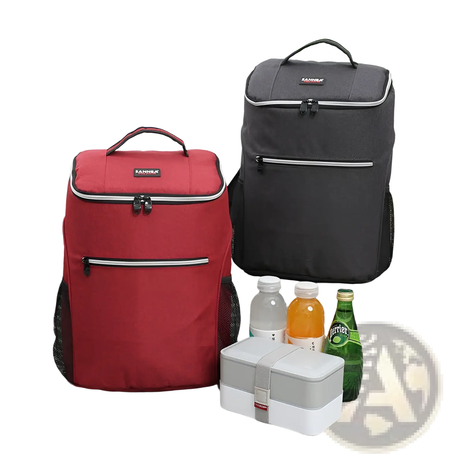 Insulated cooler backpacks in red and black with silver zipper trims made of waterproof oxford for picnic use
