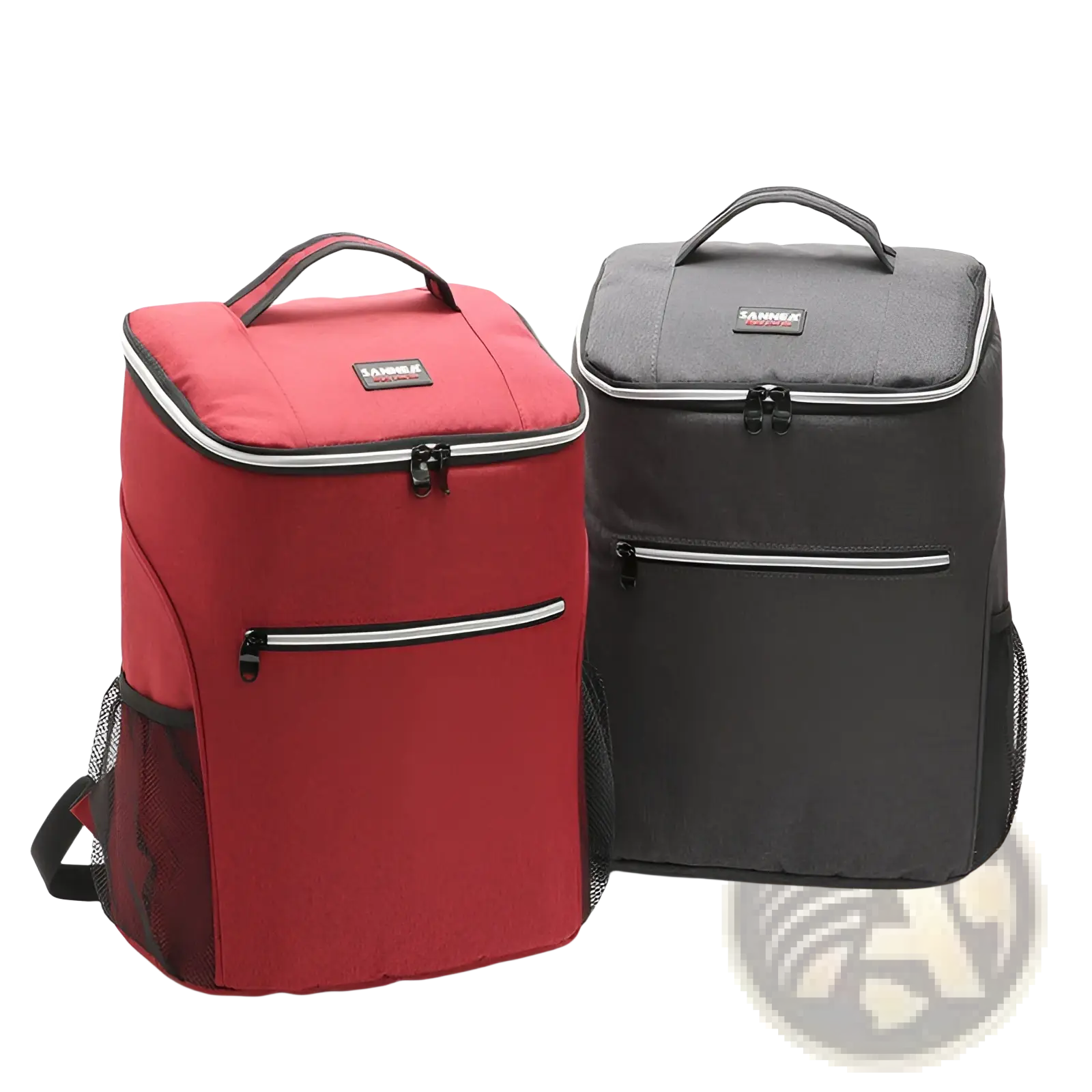 Insulated cooler backpack waterproof oxford picnic bag in red and black with silver zipper trims and mesh side pockets