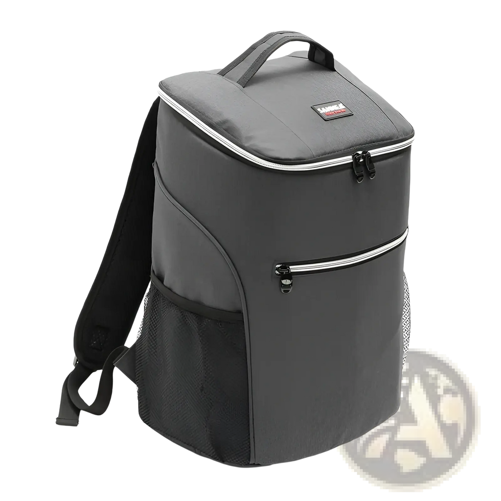 Gray insulated cooler backpack made of waterproof oxford with black mesh side pockets and silver zipper pulls