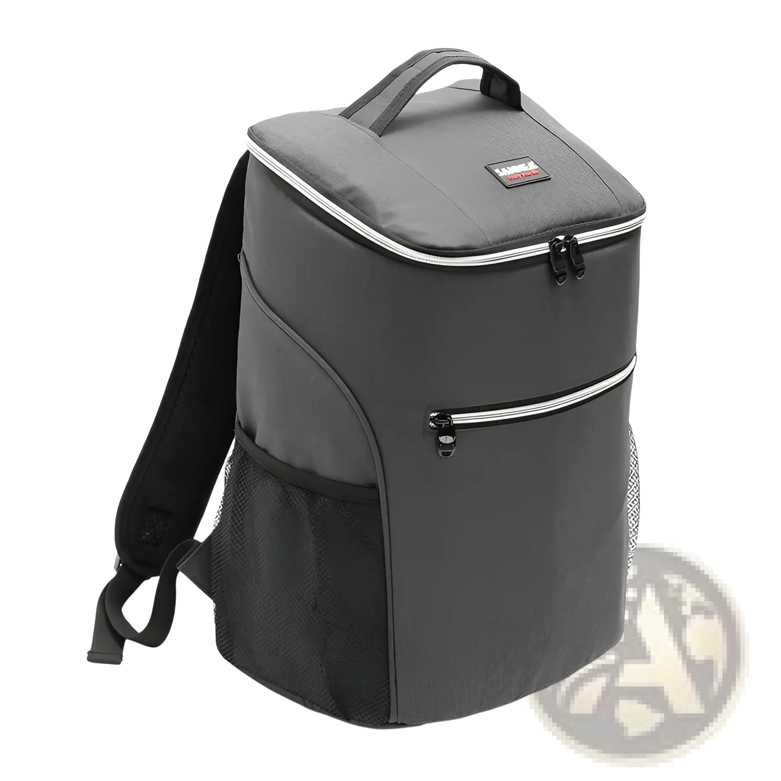 Gray insulated cooler backpack made of waterproof oxford with black mesh side pockets and silver zipper pulls
