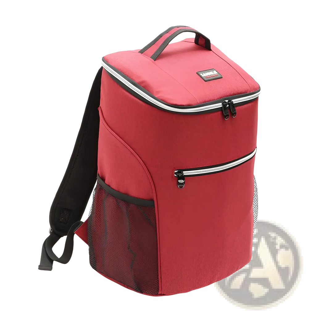 Red insulated cooler backpack with waterproof oxford material black zippers mesh side pockets and top handle