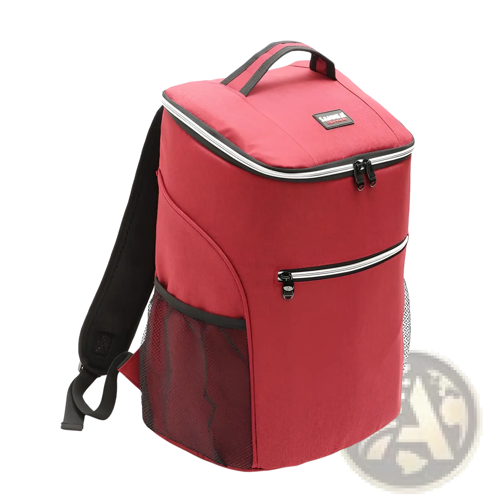 Red insulated cooler backpack with waterproof oxford material black zippers mesh side pockets and top handle