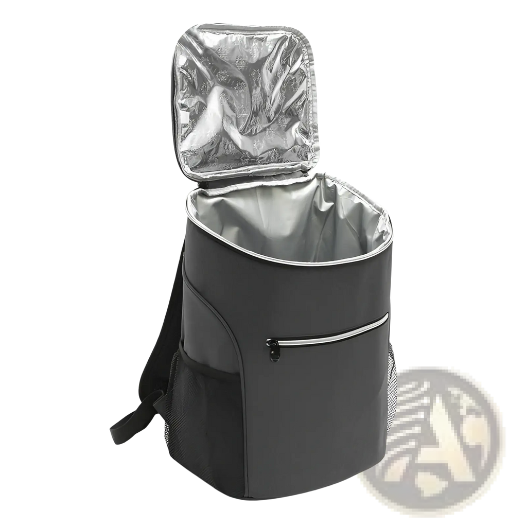 Black insulated cooler backpack with waterproof oxford fabric, silver reflective interior lining, and mesh side pockets
