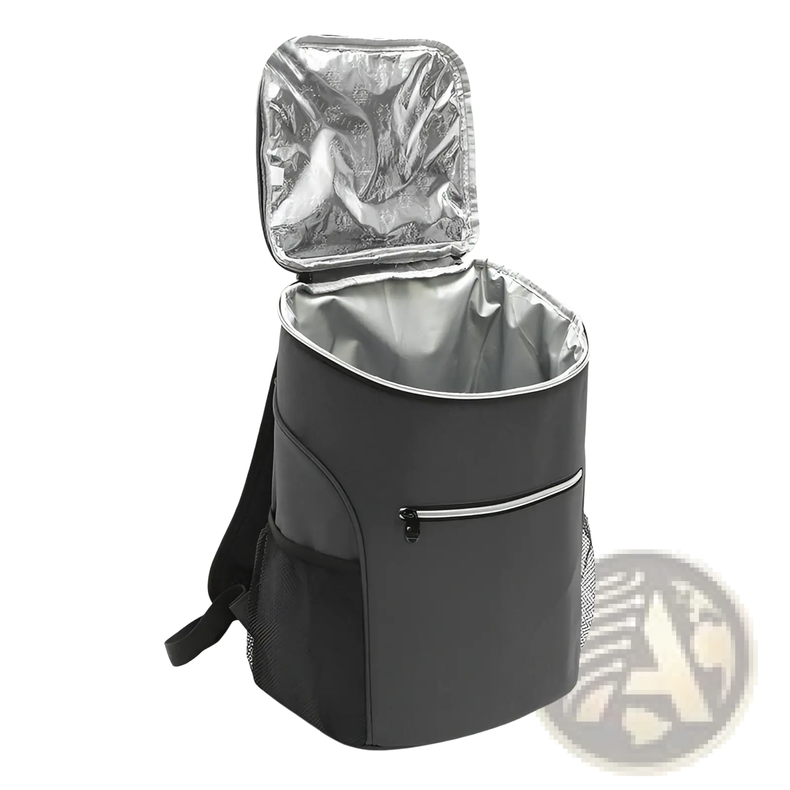 Black insulated cooler backpack with waterproof oxford fabric, silver reflective interior lining, and mesh side pockets