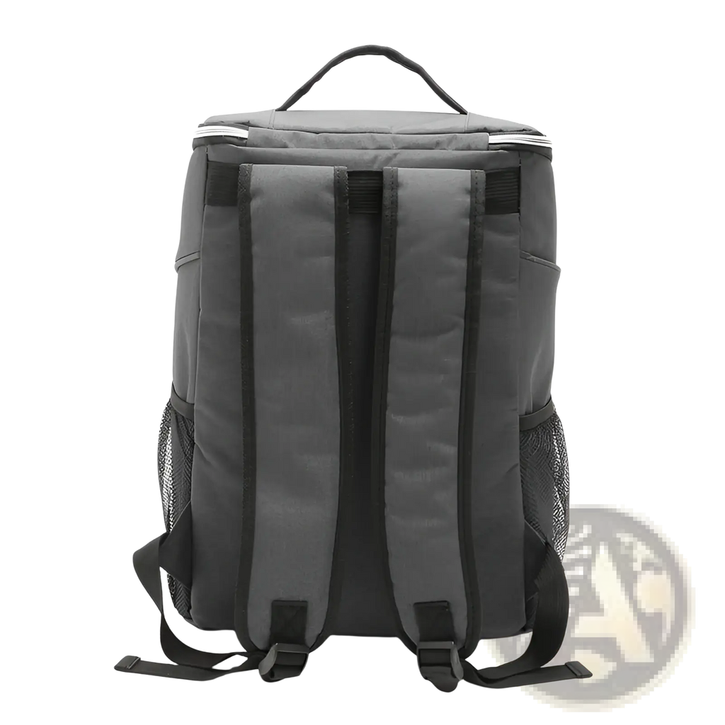 Gray insulated cooler backpack with black straps and mesh side pockets made of waterproof oxford for picnics