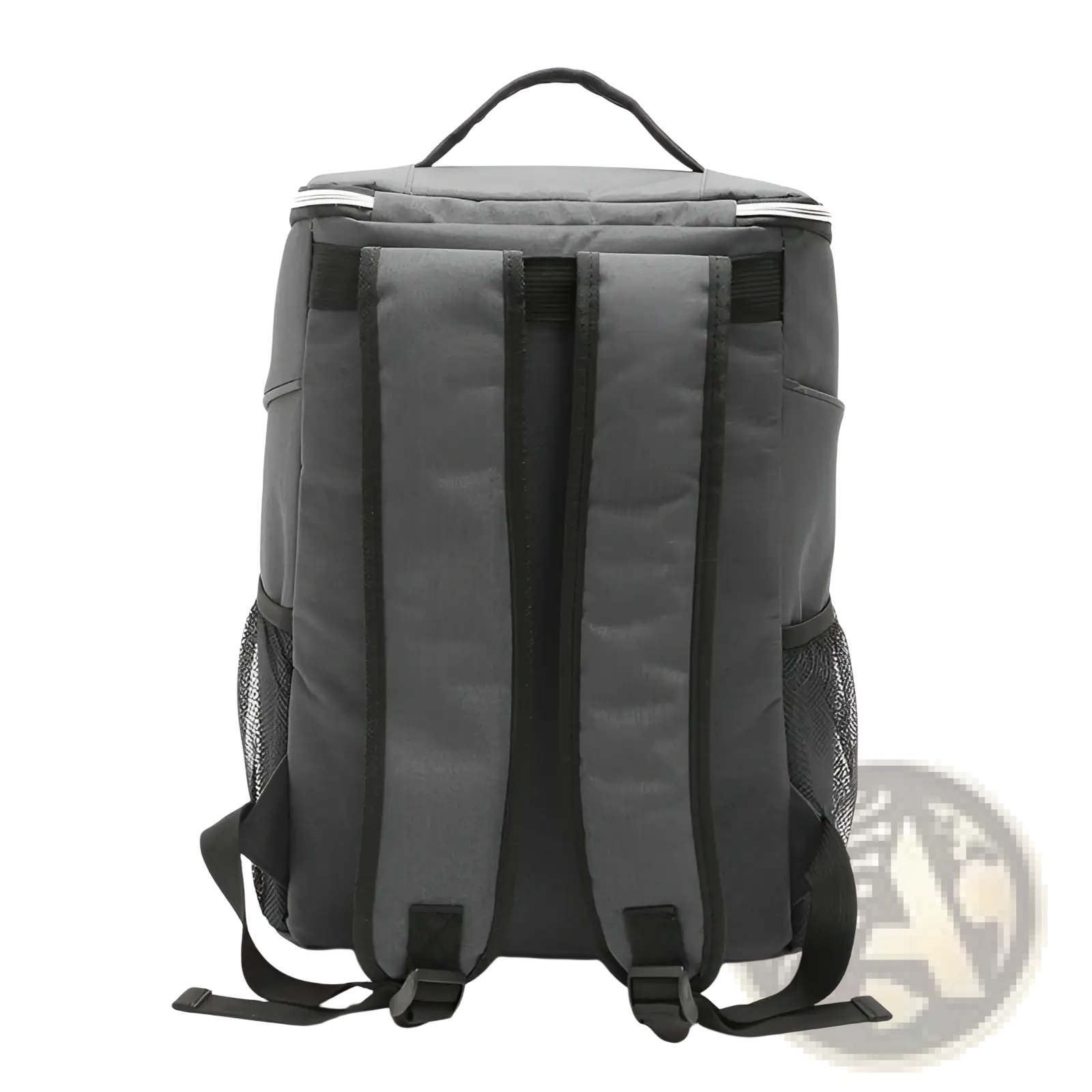 Gray insulated cooler backpack with black straps and mesh side pockets made of waterproof oxford for picnics