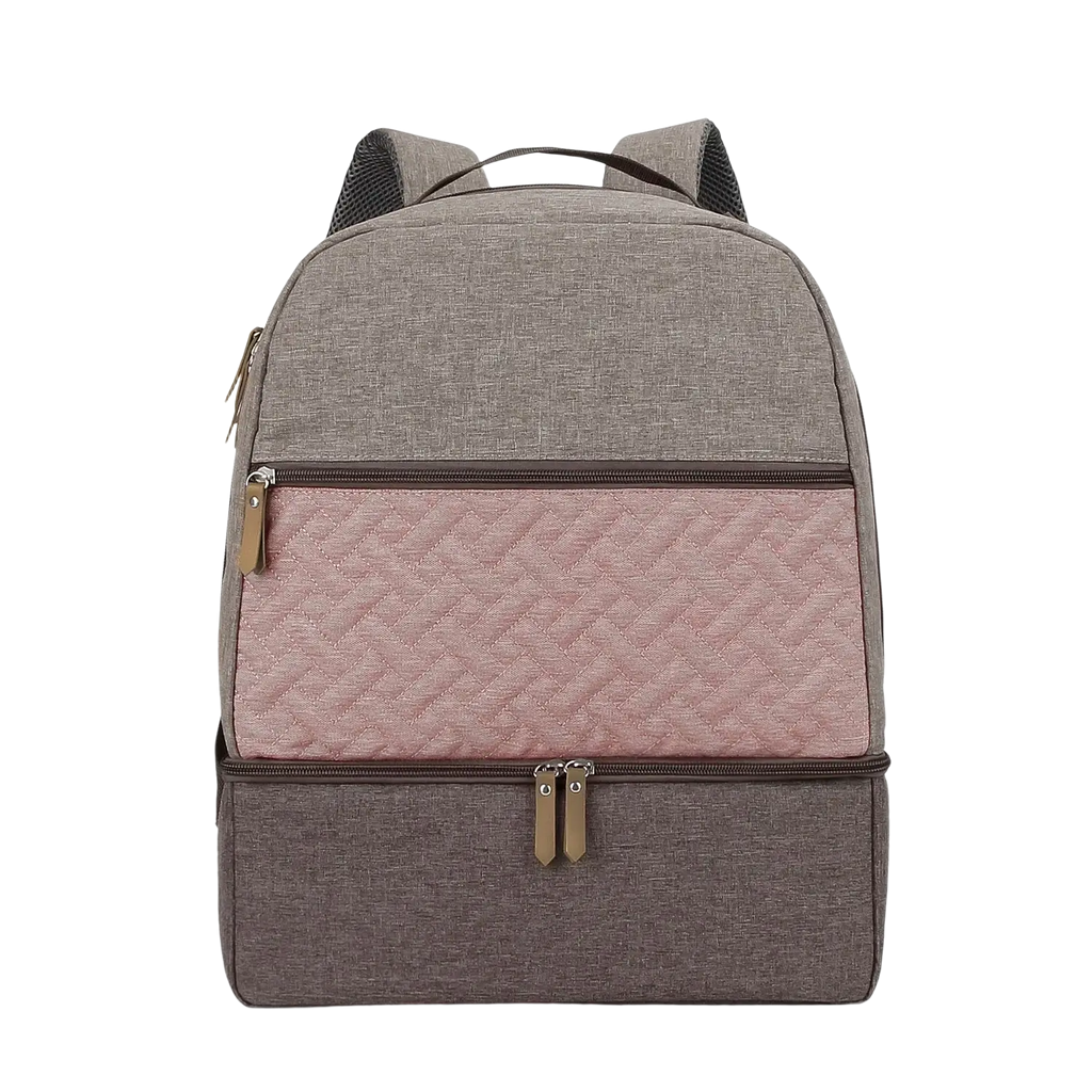 Insulated gray and pink quilted baby diaper backpack with textured fabric panels brown zippers and black mesh straps