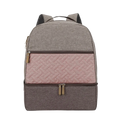 Insulated gray and pink quilted baby diaper backpack with textured fabric panels brown zippers and black mesh straps