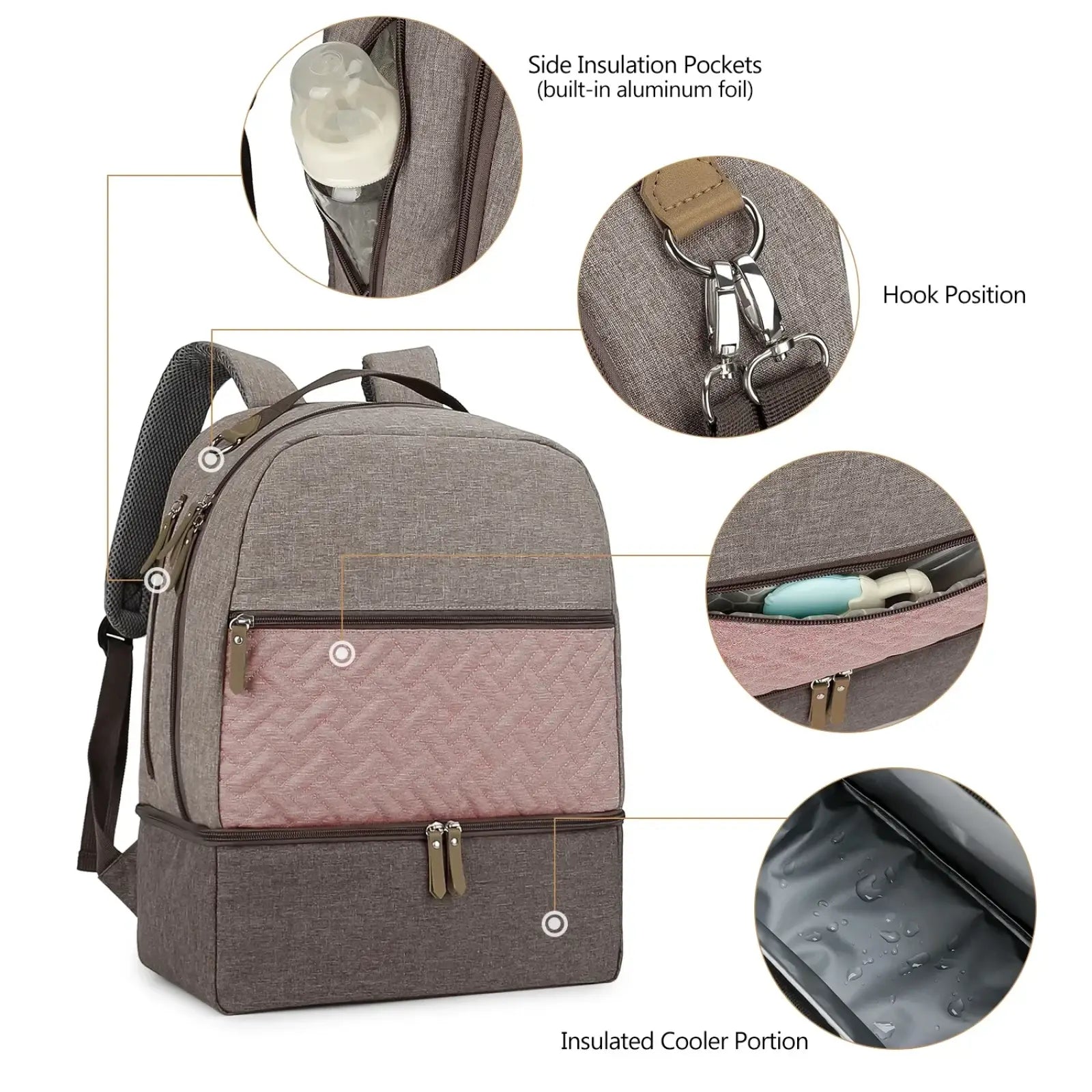 Insulated gray and pink quilted baby diaper backpack with side insulation pockets hook attachment and cooler compartment