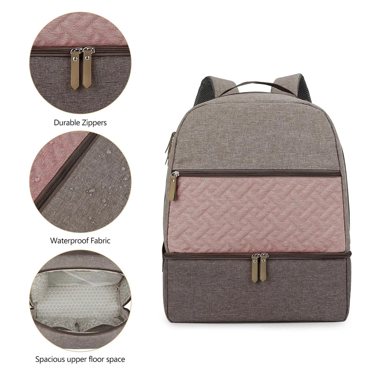 A stylish insulated gray and pink quilted baby diaper backpack with durable zippers and waterproof fabric