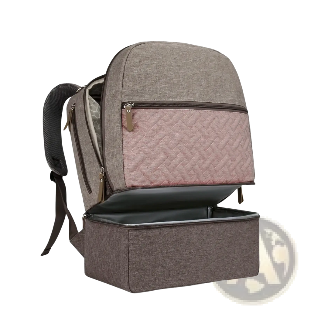 A stylish insulated gray and pink quilted baby diaper backpack with textured upper section and dark brown zippers