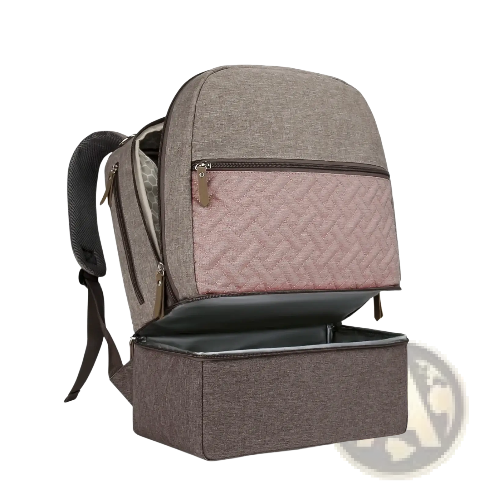 A stylish insulated gray and pink quilted baby diaper backpack with textured upper section and dark brown zippers