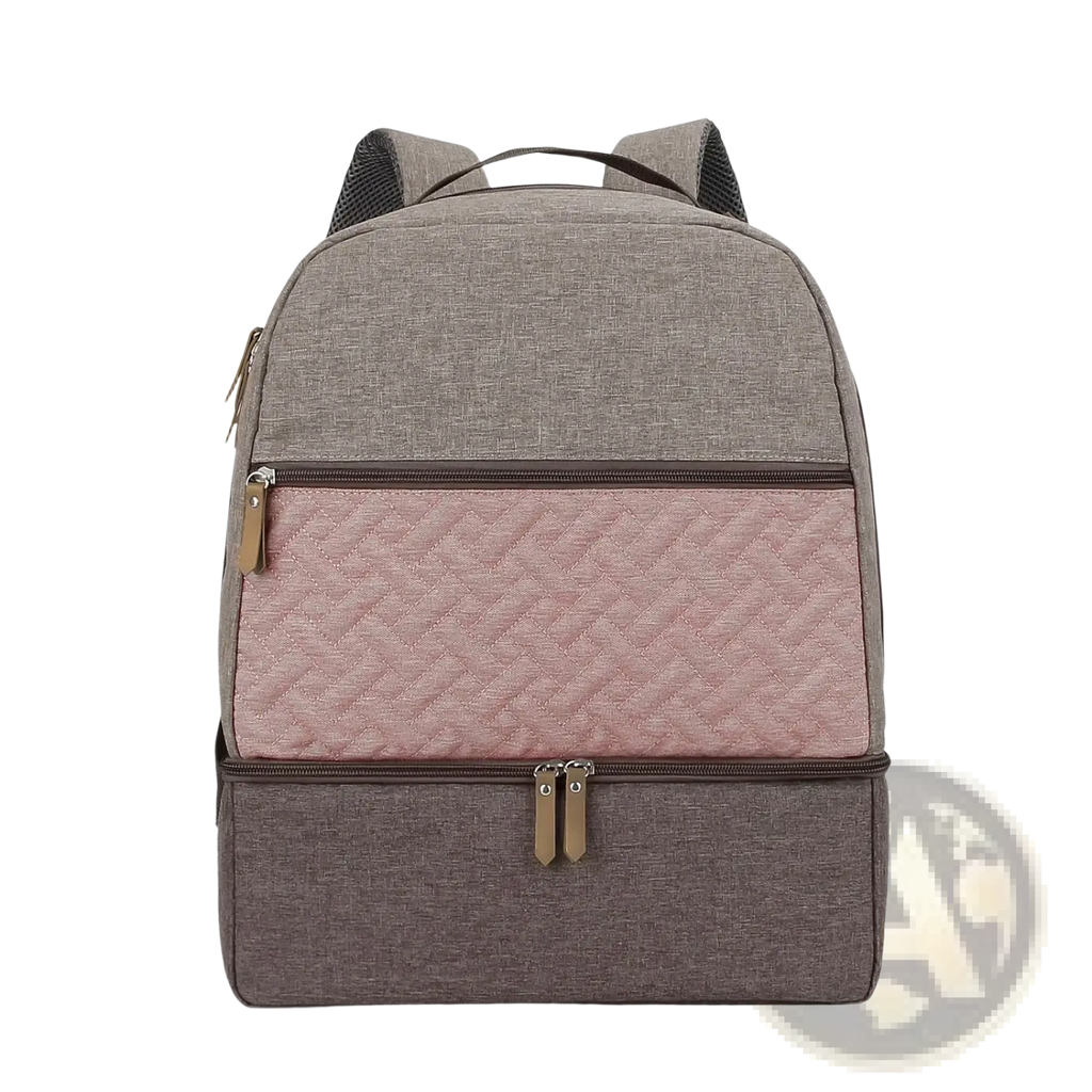 Insulated gray and pink quilted baby diaper backpack with textured fabric panels brown zippers and black mesh straps
