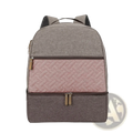 Insulated gray and pink quilted baby diaper backpack with textured fabric panels brown zippers and black mesh straps