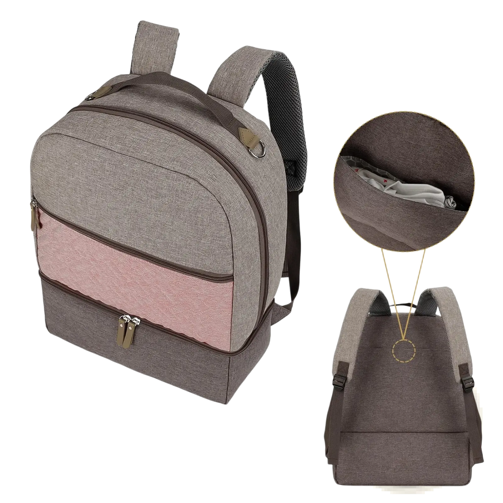 Insulated gray and pink two-tone quilted canvas baby diaper backpack with brown zipper pulls