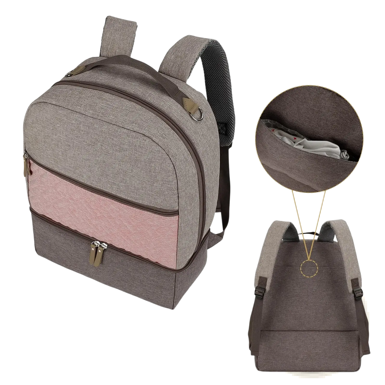 Insulated gray and pink two-tone quilted canvas baby diaper backpack with brown zipper pulls