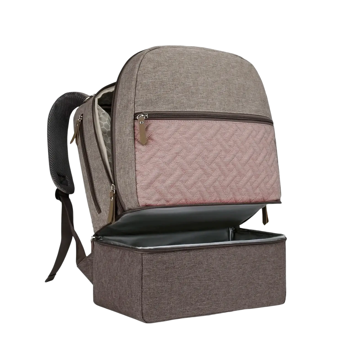 A stylish insulated gray and pink quilted baby diaper backpack with textured upper section and dark brown zippers