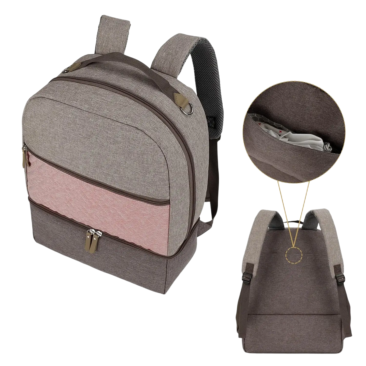 Insulated gray and pink two-tone quilted canvas baby diaper backpack with brown zipper pulls