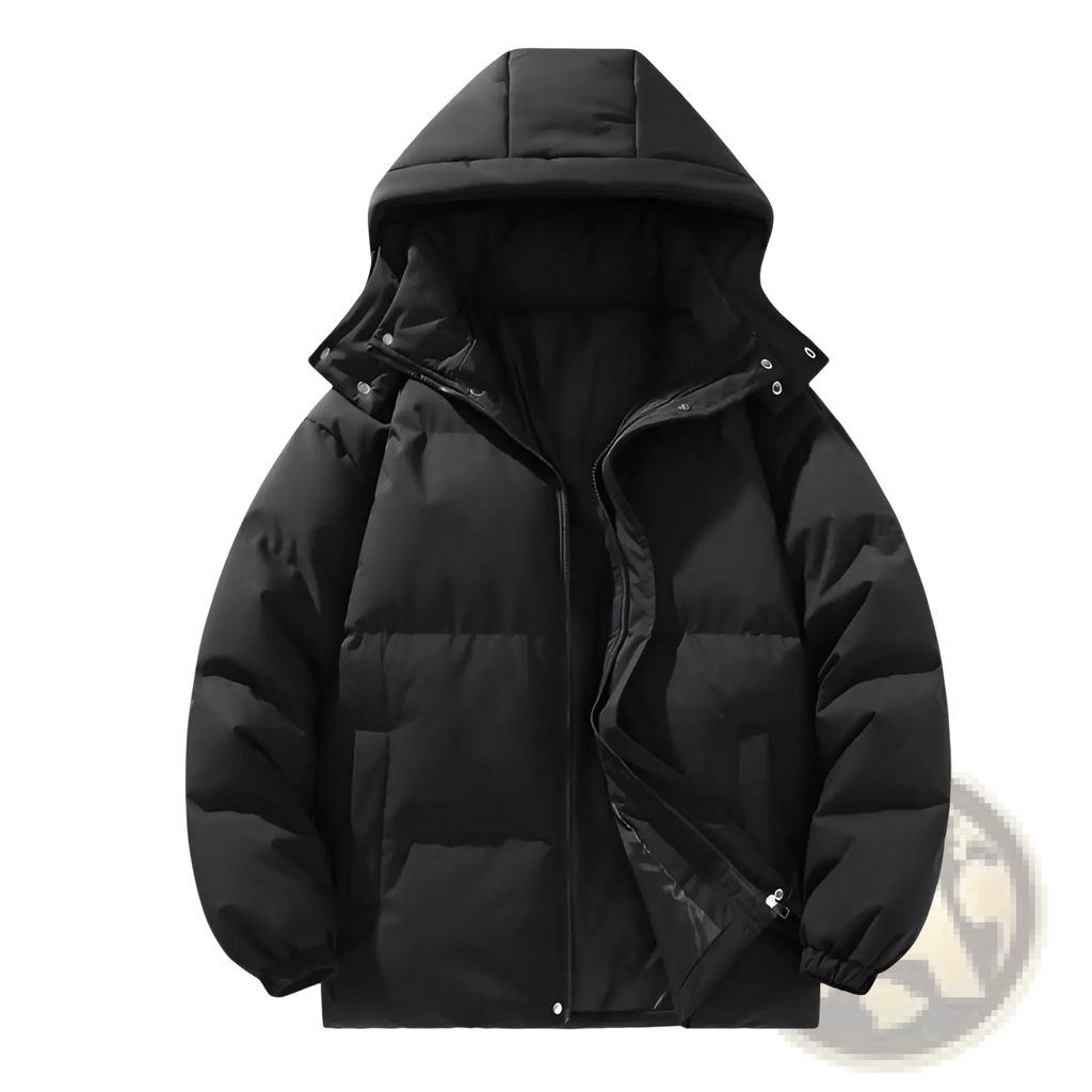 Black insulated hooded quilted puffer jacket designed for outdoor sports with a warm and durable finish