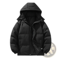 Black insulated hooded quilted puffer jacket designed for outdoor sports with a warm and durable finish