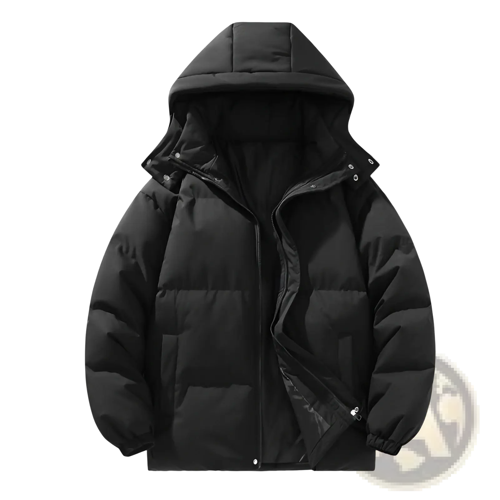 Black insulated hooded quilted puffer jacket designed for outdoor sports with a warm and durable finish