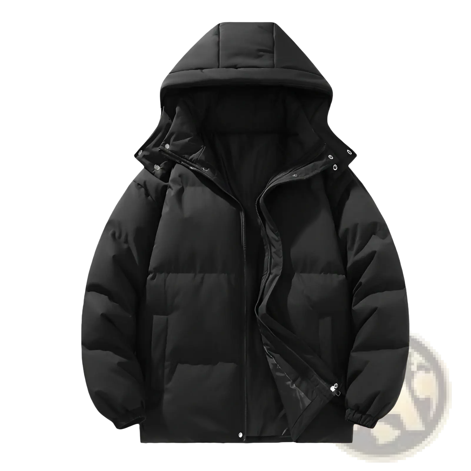 Black insulated hooded quilted puffer jacket designed for outdoor sports with warm synthetic material