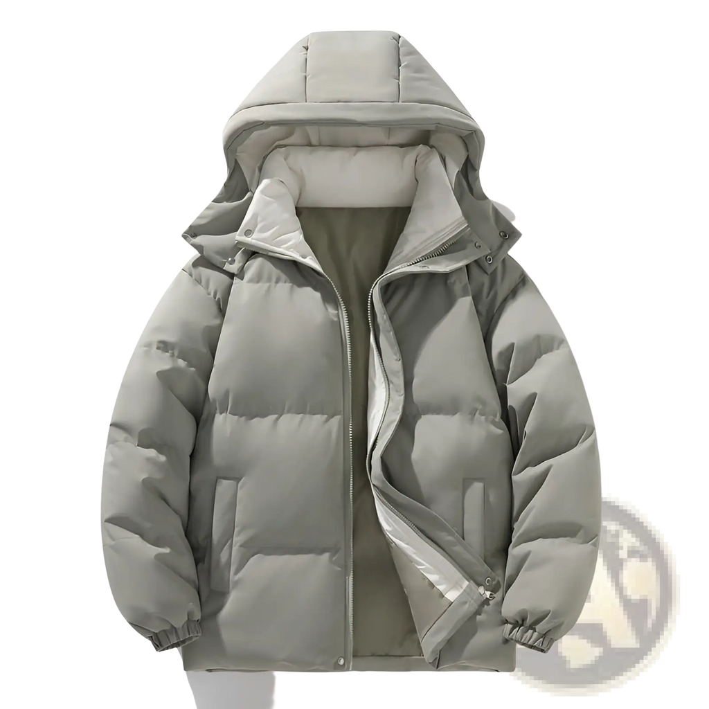 A light gray insulated hooded quilted puffer jacket for outdoor sports with a sleek design and attached hood