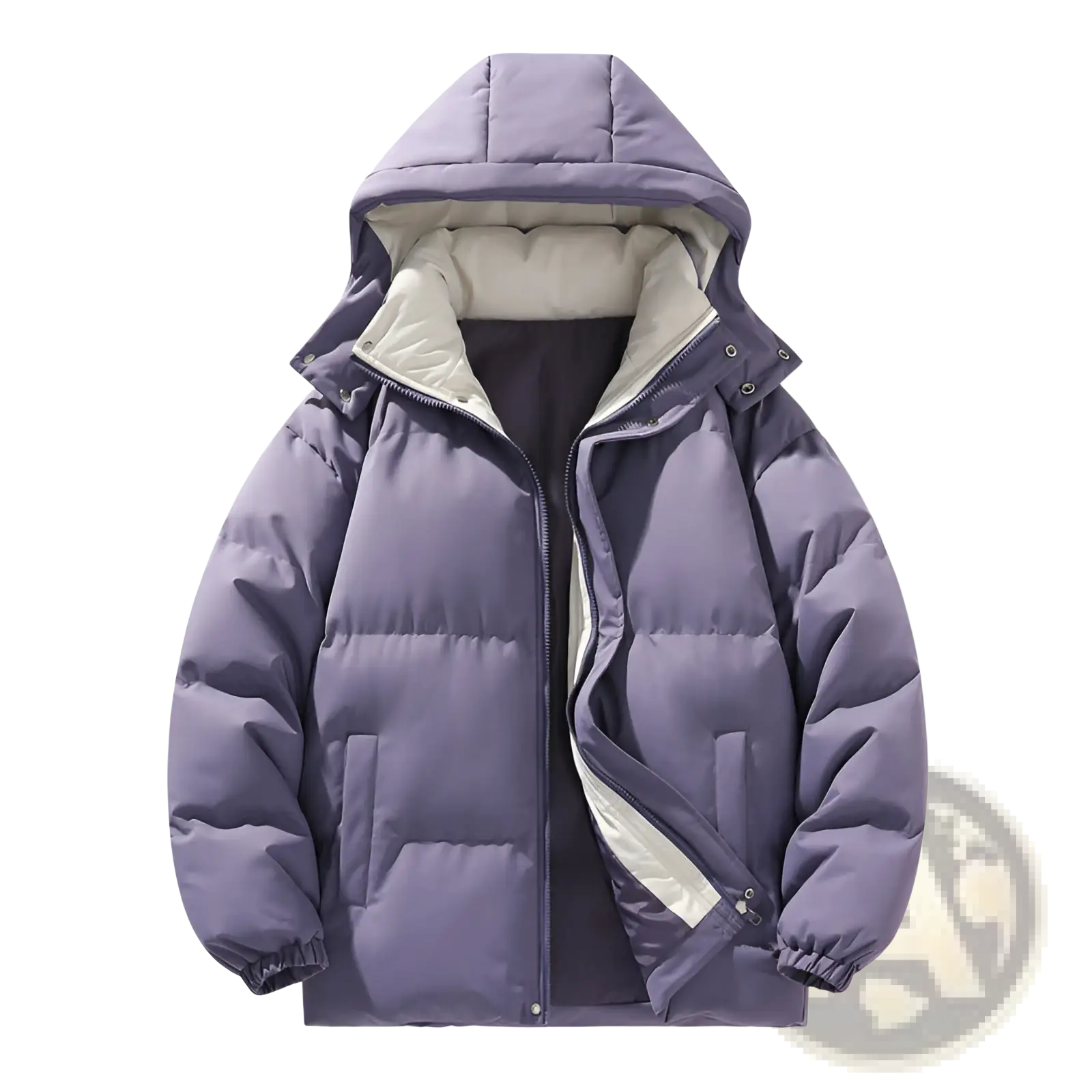 Insulated hooded quilted puffer jacket in purple with beige lining and black zippers for outdoor sports use