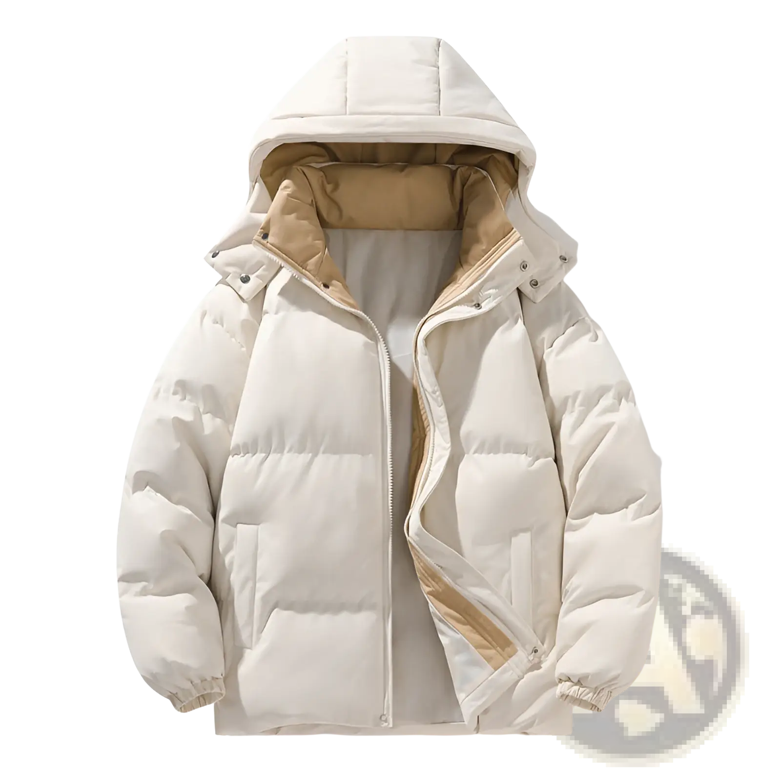 Cream-colored insulated hooded quilted puffer jacket with beige lining and zipper accents for outdoor sports