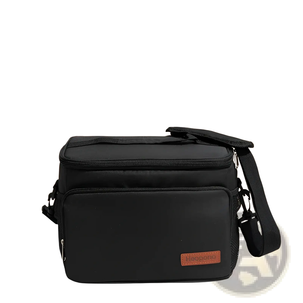 Black insulated lunch bag large portable crossbody case with brown leather-like patch and adjustable shoulder strap