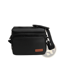 Black insulated lunch bag large portable crossbody case with brown leather-like patch and adjustable shoulder strap