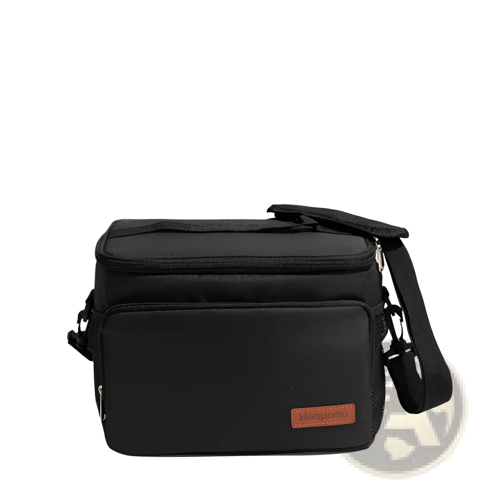 Black insulated lunch bag large portable crossbody case with brown leather-like patch and adjustable shoulder strap