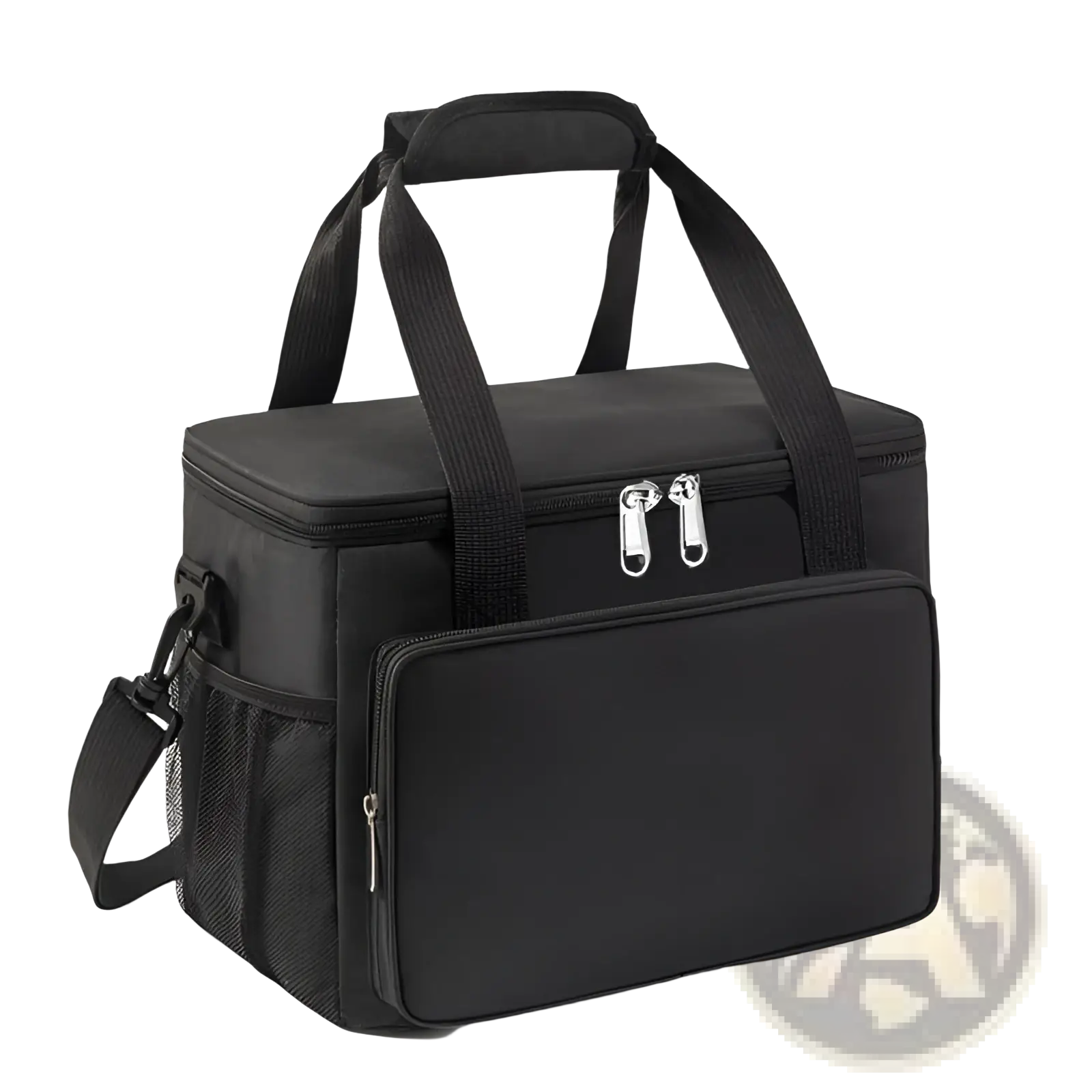 Black insulated lunch bag large portable crossbody case with sturdy fabric handles and detachable shoulder strap