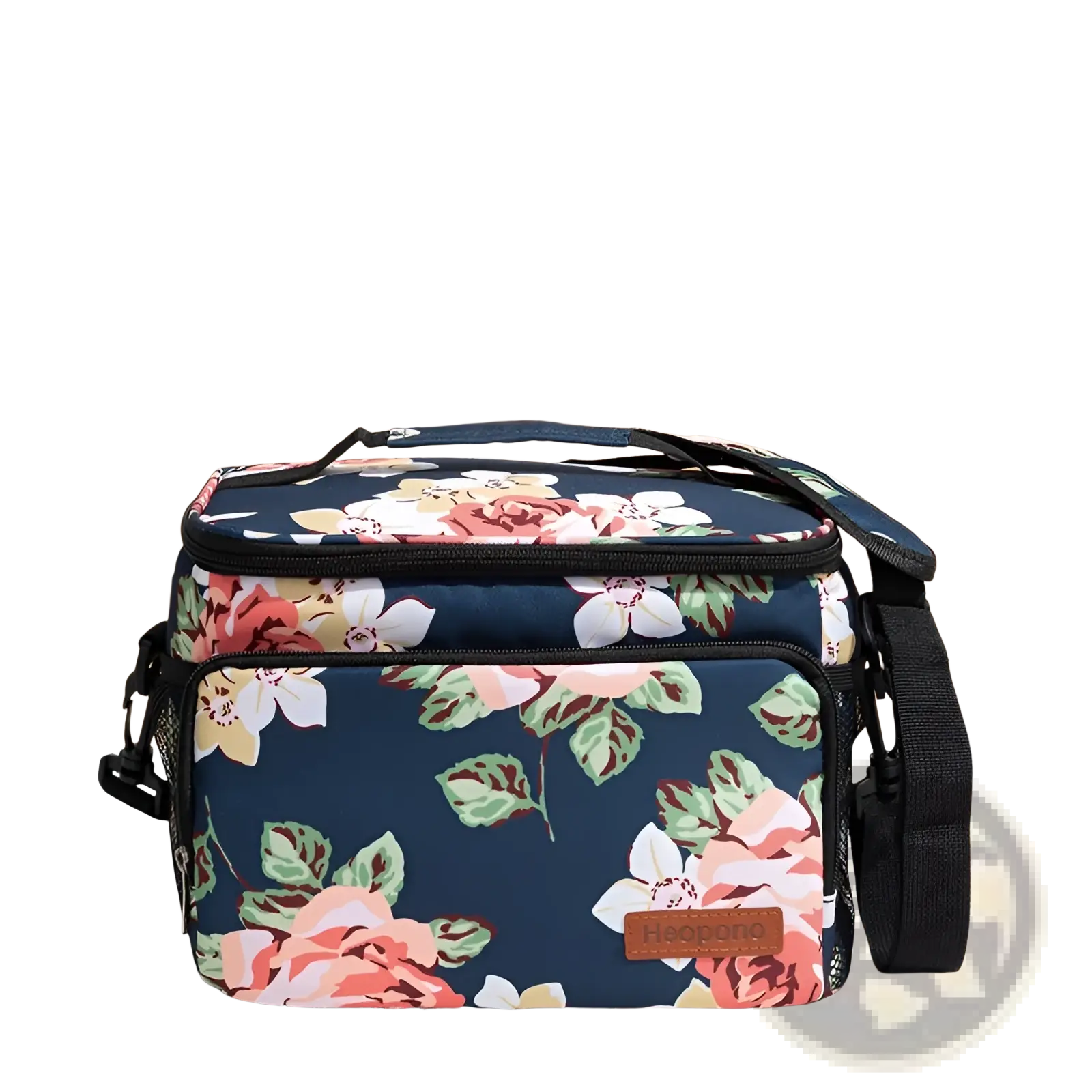 Navy blue insulated lunch bag large portable crossbody case with floral pattern, black zipper trim, and brown leather patch