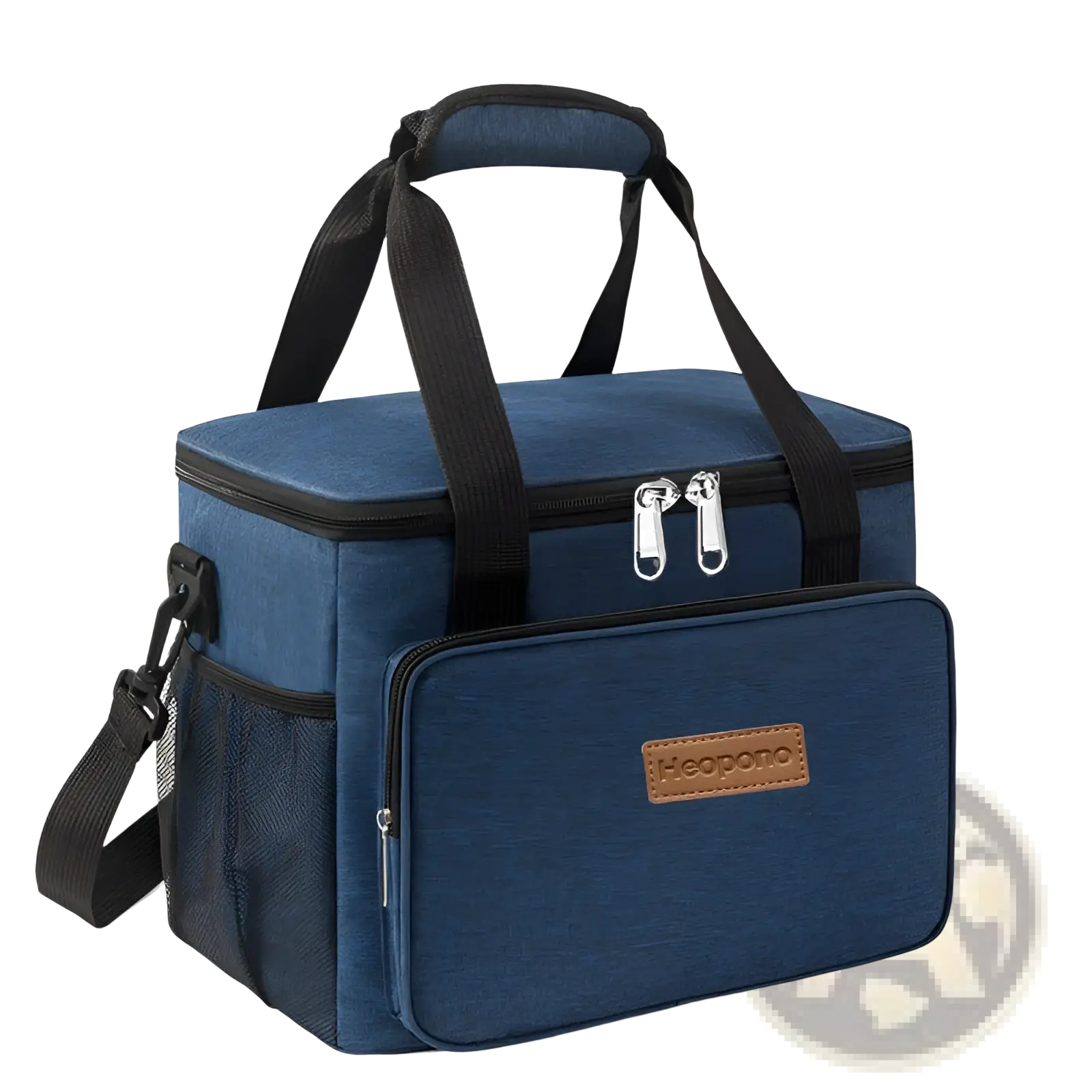 Blue denim insulated lunch bag large portable crossbody case with black handles and brown leather brand patch