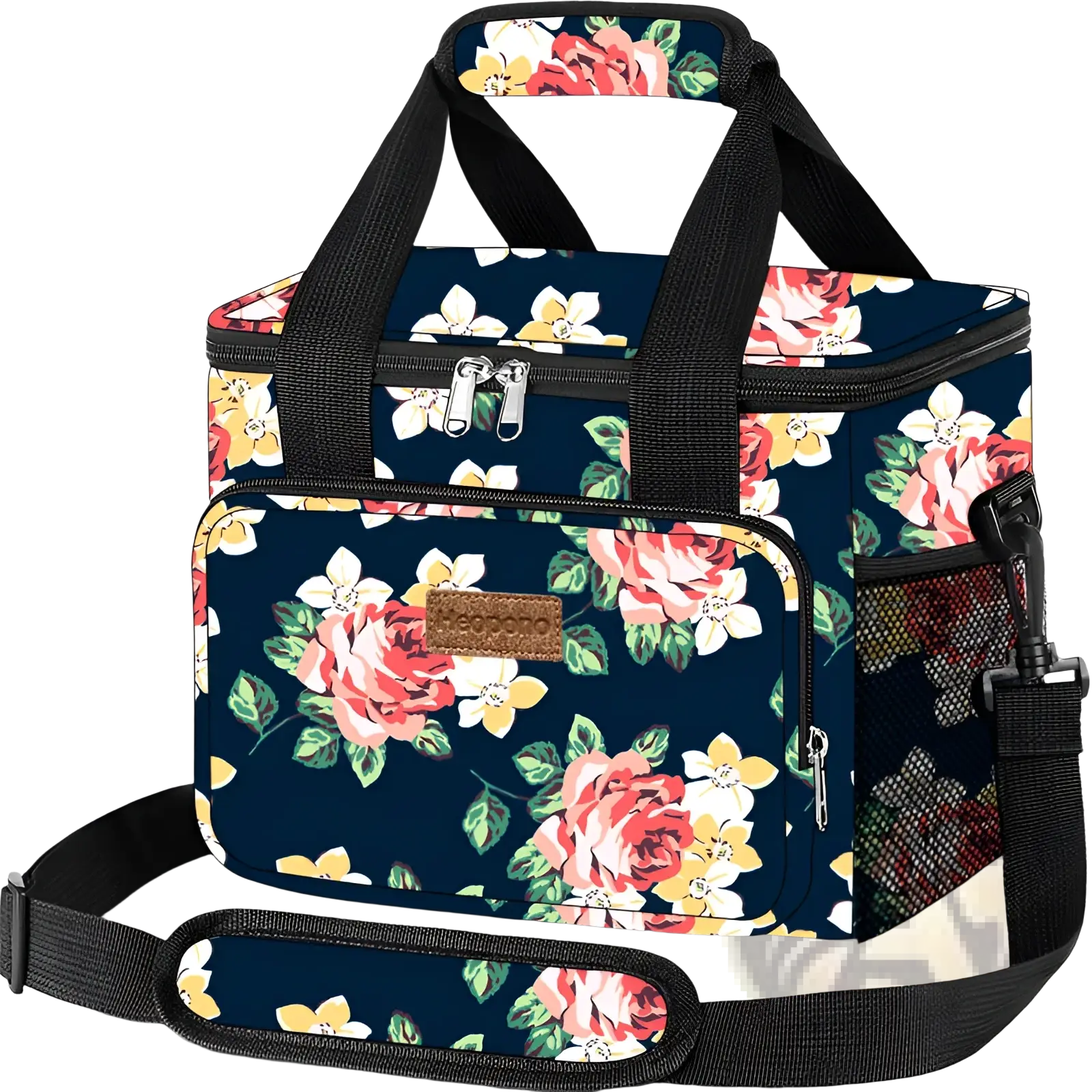 Insulated lunch bag large portable crossbody case navy blue floral pattern with pink roses yellow flowers and black straps