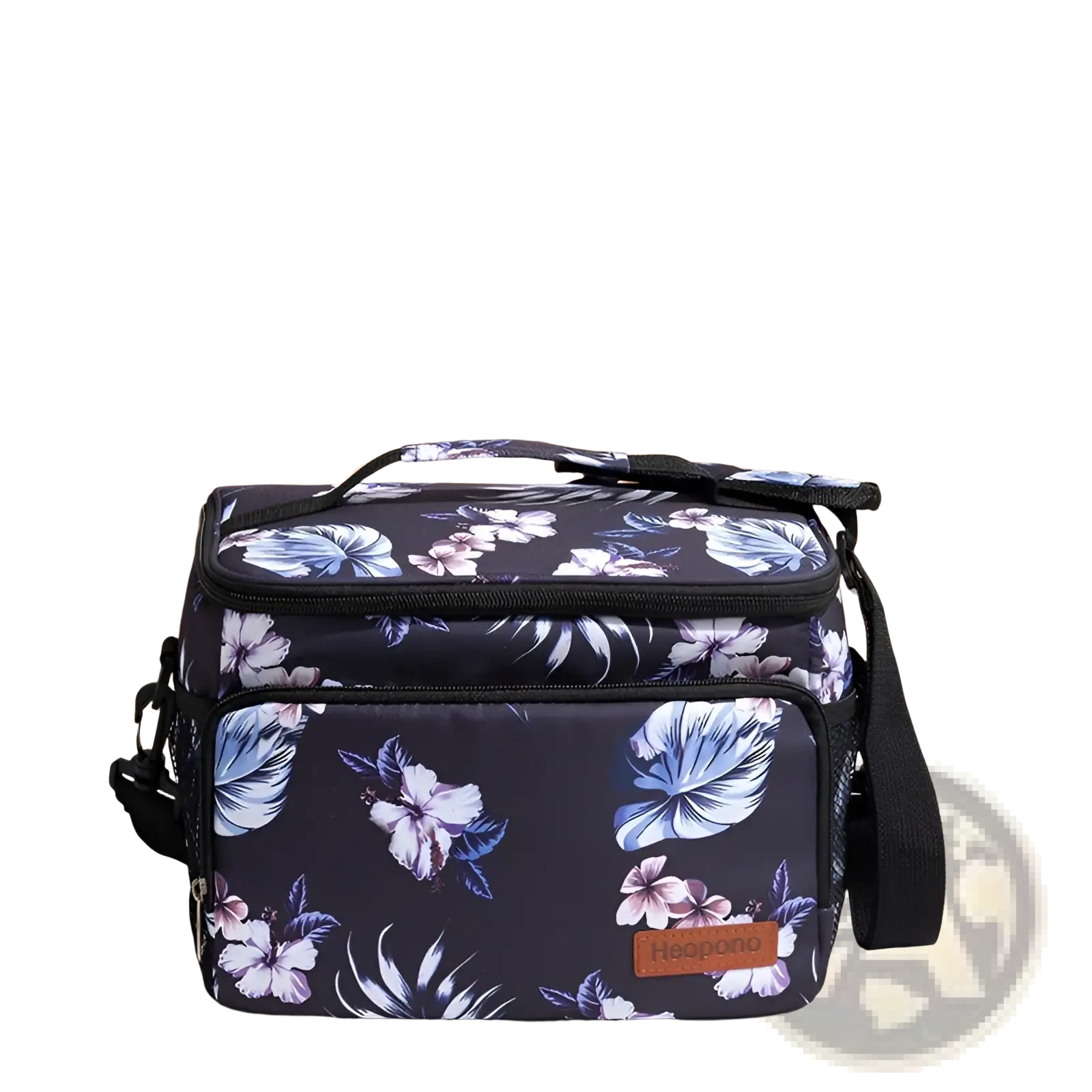 Dark navy insulated lunch bag large portable crossbody case with vibrant blue and white floral pattern and black straps