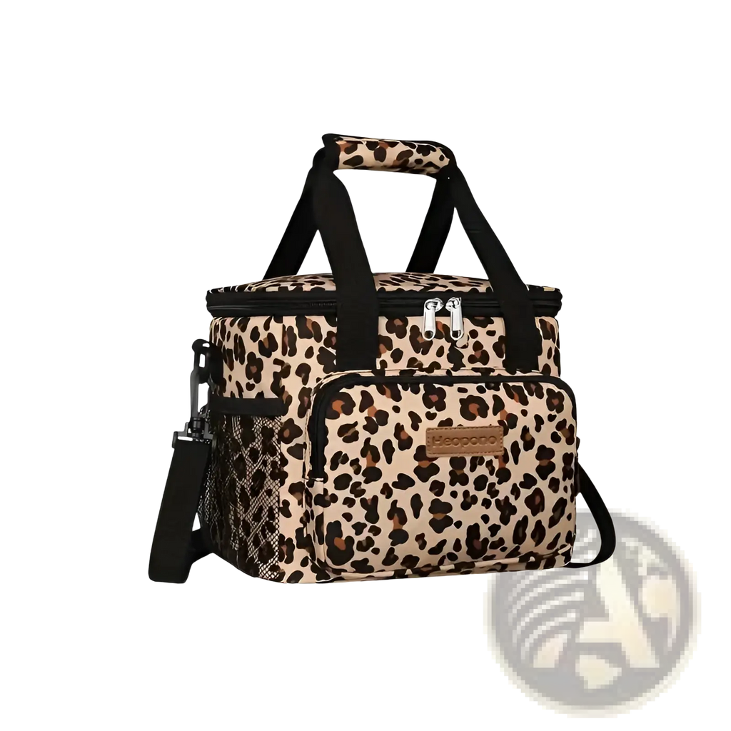 Leopardo brand leopard print insulated lunch bag large portable crossbody case with black handles and shoulder strap