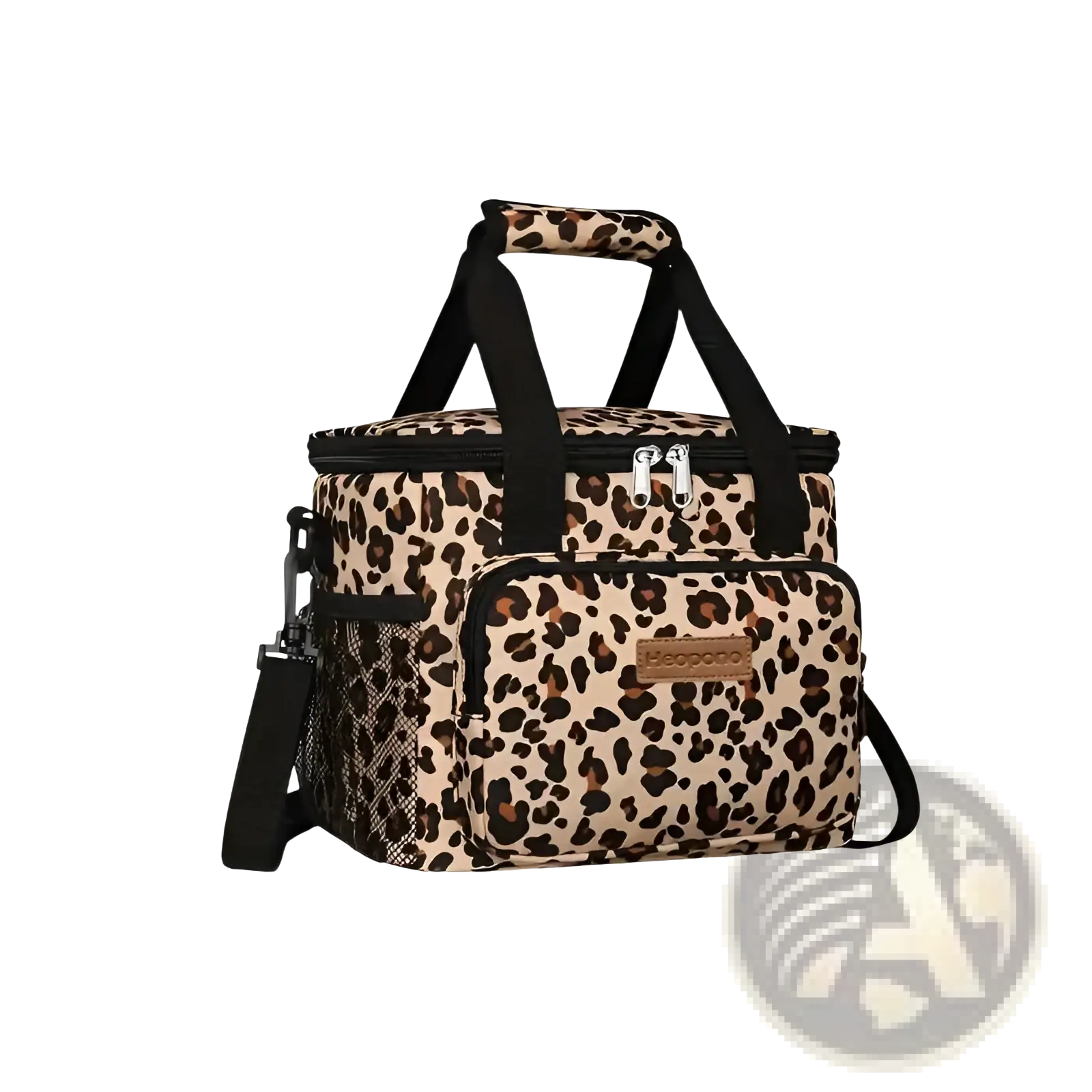 Leopardo brand leopard print insulated lunch bag large portable crossbody case with black handles and shoulder strap