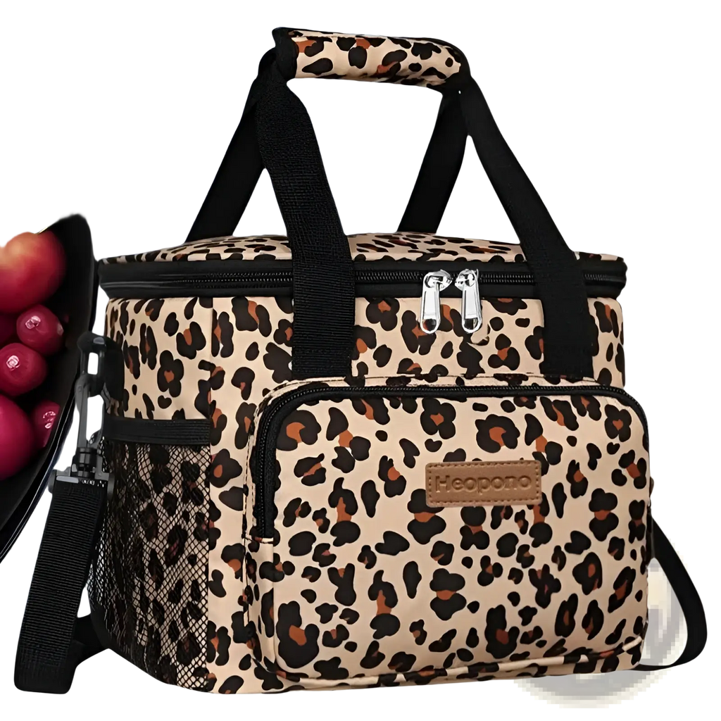 Leopard-print insulated lunch bag large portable crossbody case with black handles and silver zippers