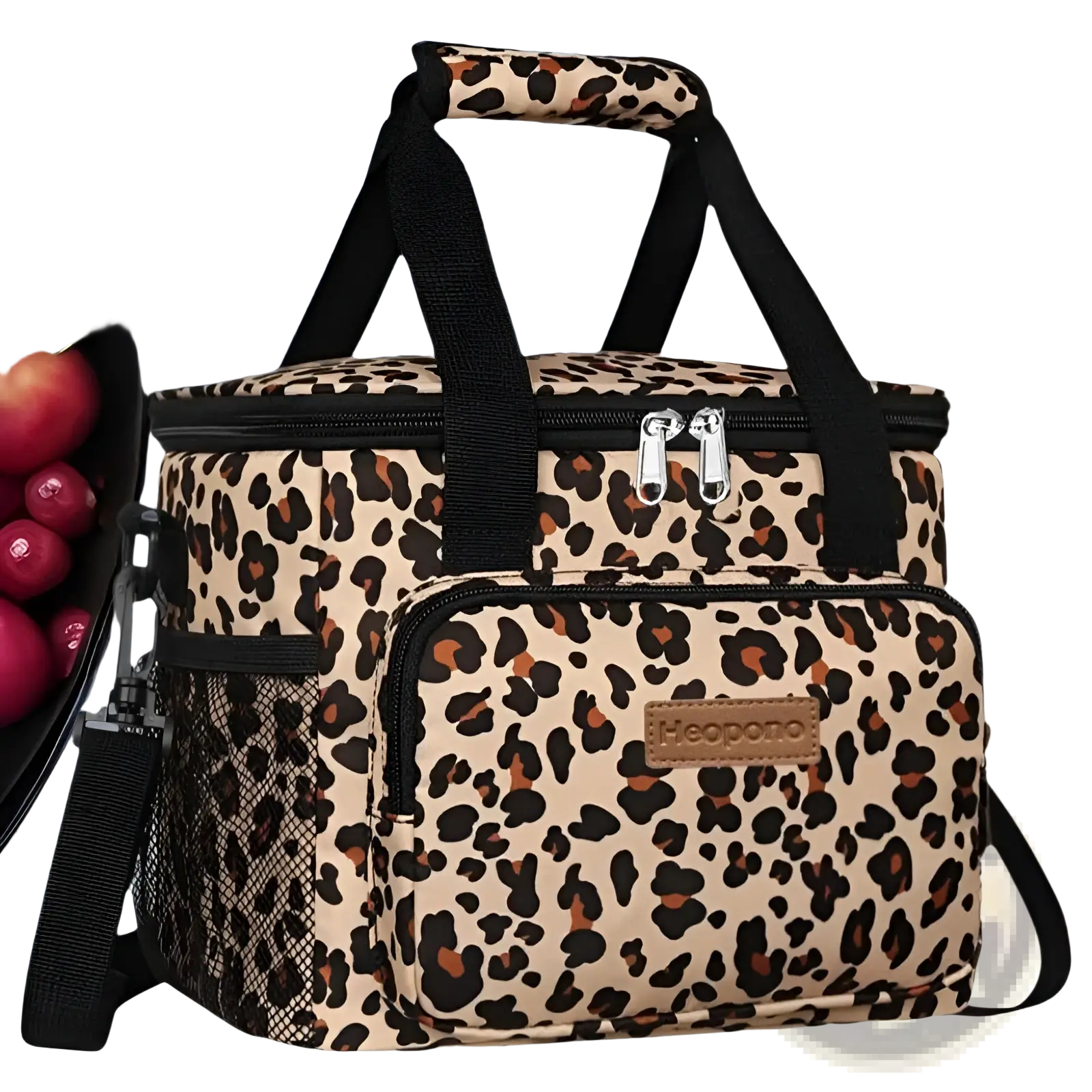 Leopard-print insulated lunch bag large portable crossbody case with black handles and silver zippers