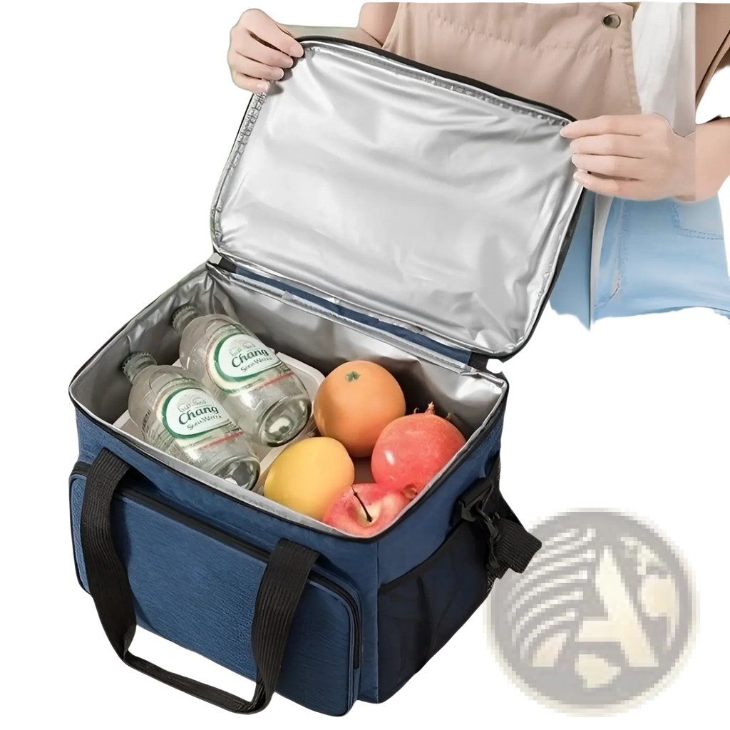 Blue insulated lunch bag large portable crossbody case with black handles and silver-lined interior filled with fruit and water