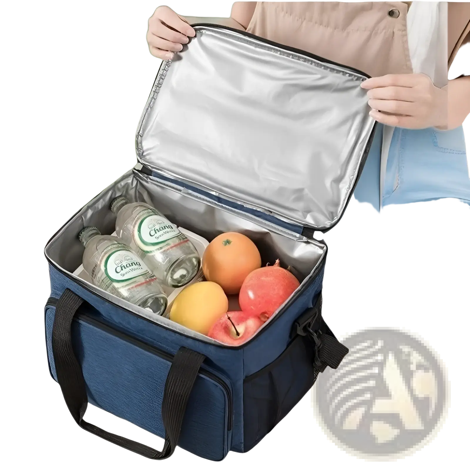 Blue insulated lunch bag large portable crossbody case with black handles and silver-lined interior filled with fruit and water