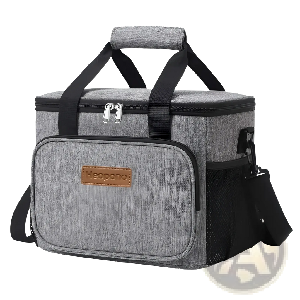 Gray heathered fabric insulated lunch bag large portable crossbody case with black straps and brown leather-like patch